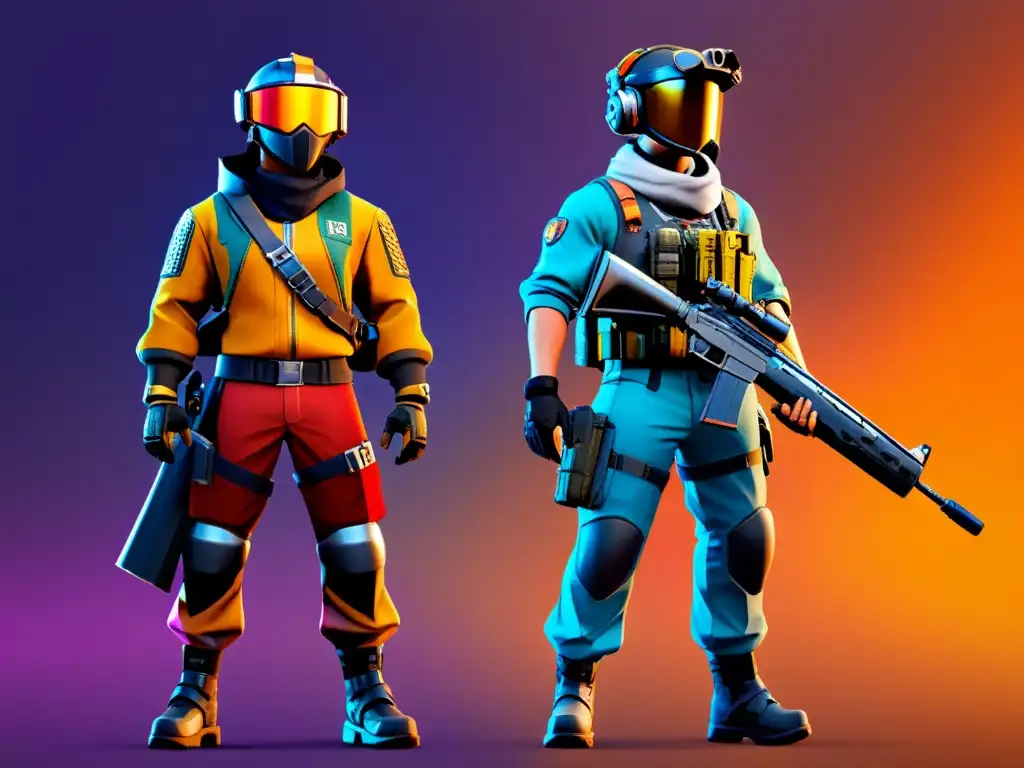 Comparativa de Skins Free Fire: Dos estilos contrastantes en alta resolución, detallados y vibrantes en un paisaje urbano futurista