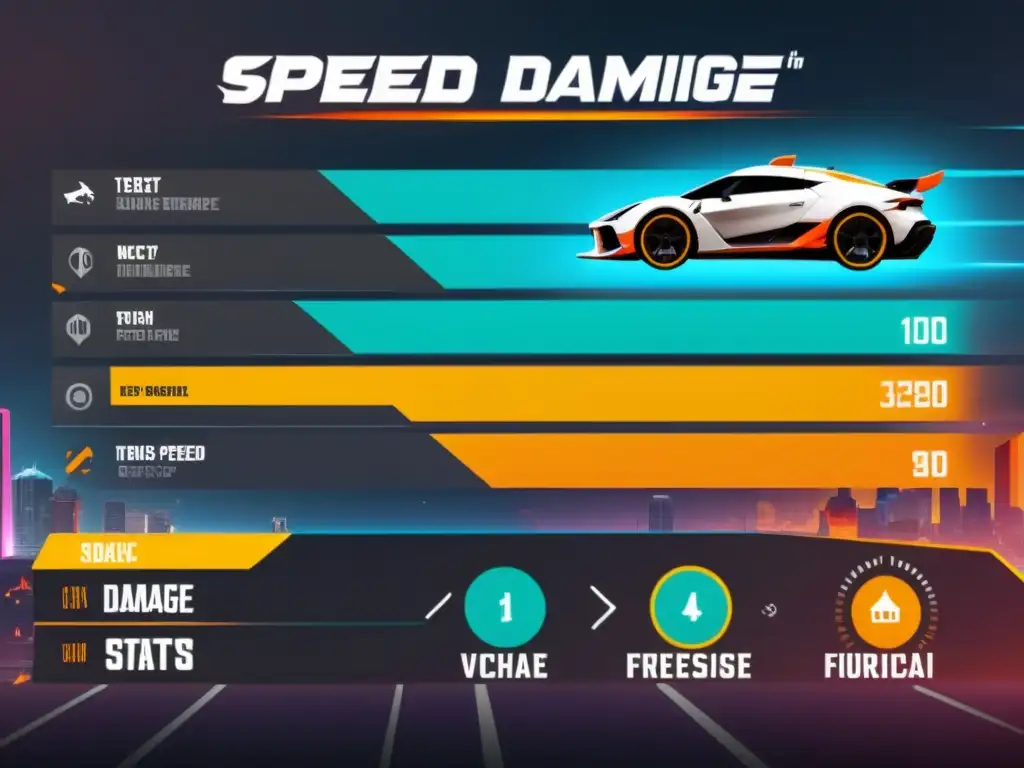 Comparativa de velocidad y daño de vehículos en FreeFire: ilustraciones detalladas de vehículos con datos, en un entorno futurista y dinámico