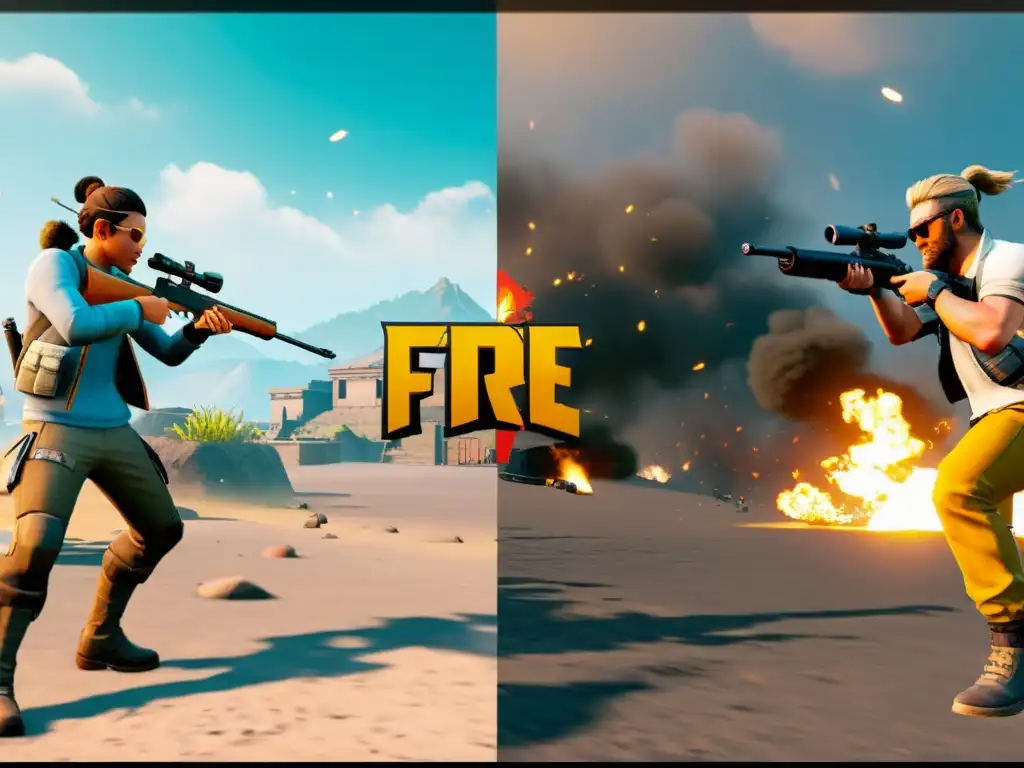 Dos comparativas en pantalla dividida de FreeFire, mostrando el antes y después de la actualización