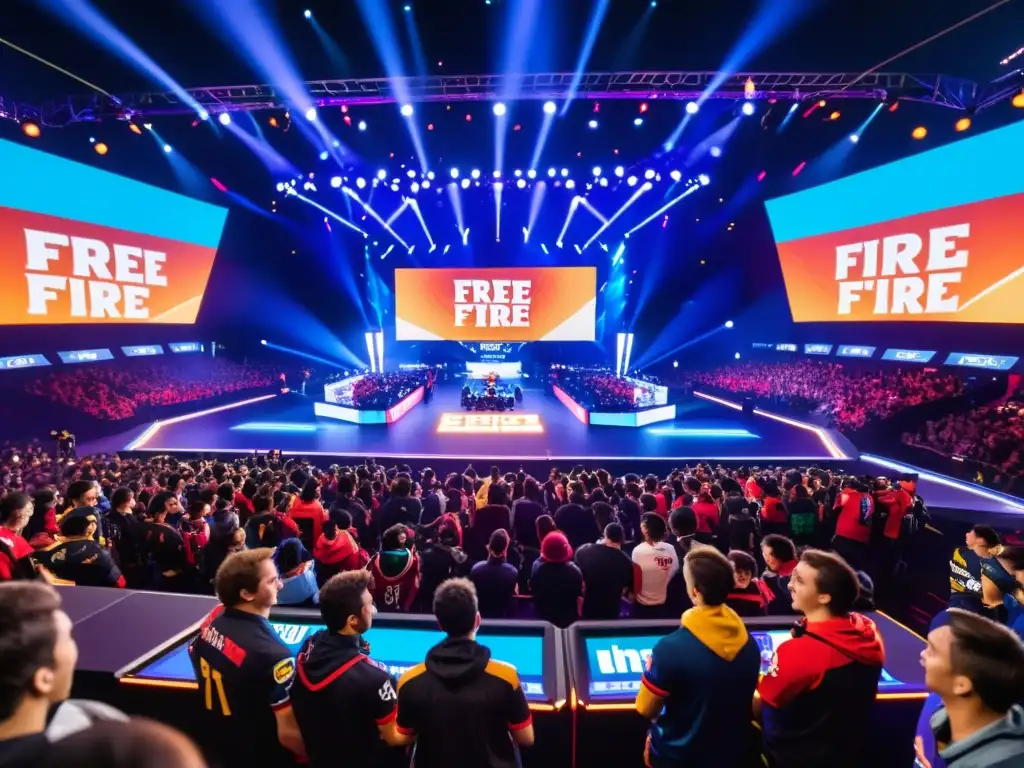 Competencia de esports de Free Fire con patrocinios, jugadores profesionales en el escenario y público entusiasta