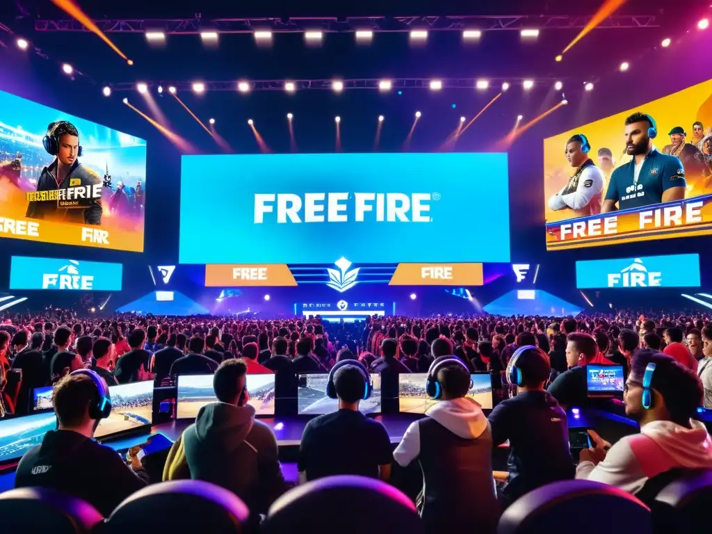 Competencia feroz y estrategias de monetización en Free Fire: jugadores entusiastas en un torneo, rodeados de pantallas LED vibrantes y adrenalina