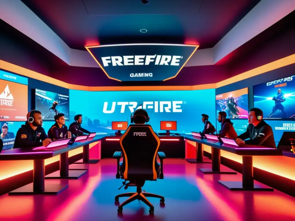 Competencia intensa en torneo de FreeFire, jugadores con tecnología gaming, ambiente futurista y dinámica de analítica de datos en gaming