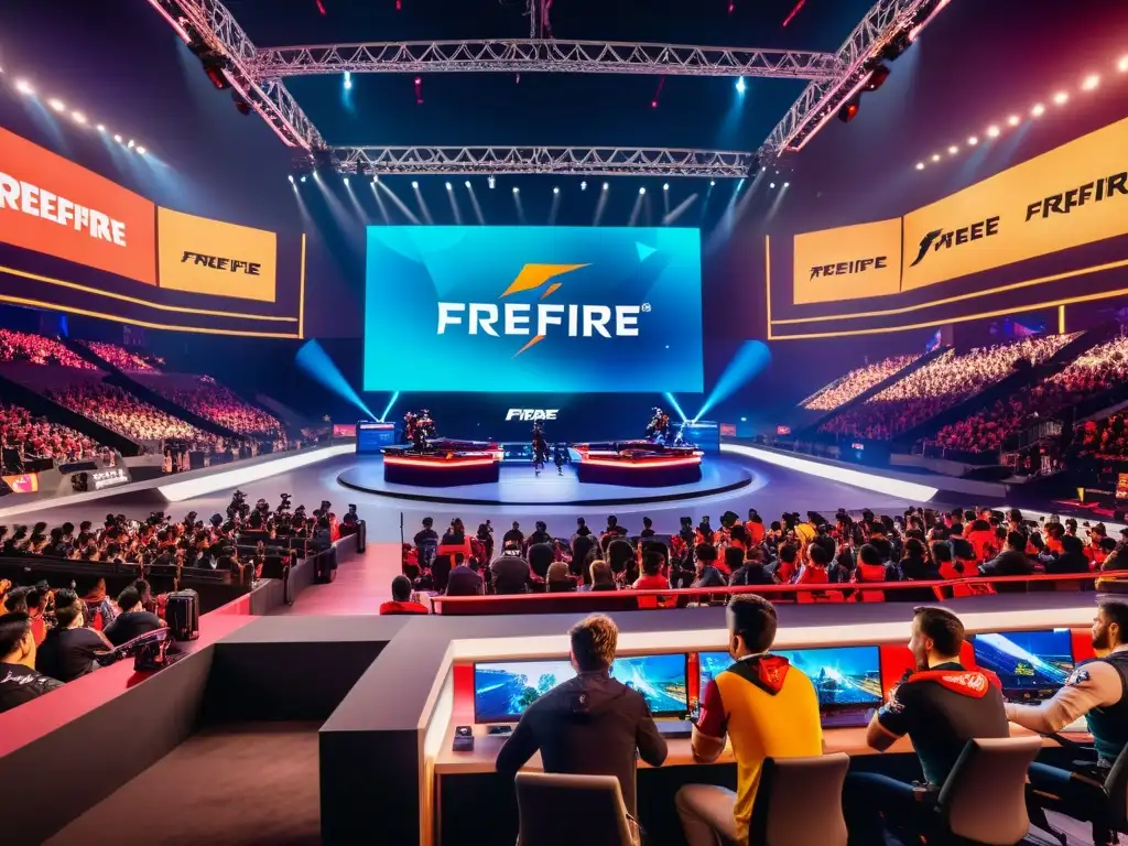 Competencia mundial de FreeFire: jugadores en acción en un escenario vibrante, rodeados de público y una mesa de comentaristas profesionales