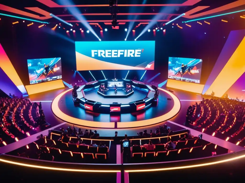 Competencia profesional de Meta de FreeFire en un escenario futurista con jugadores concentrados y tecnología de vanguardia