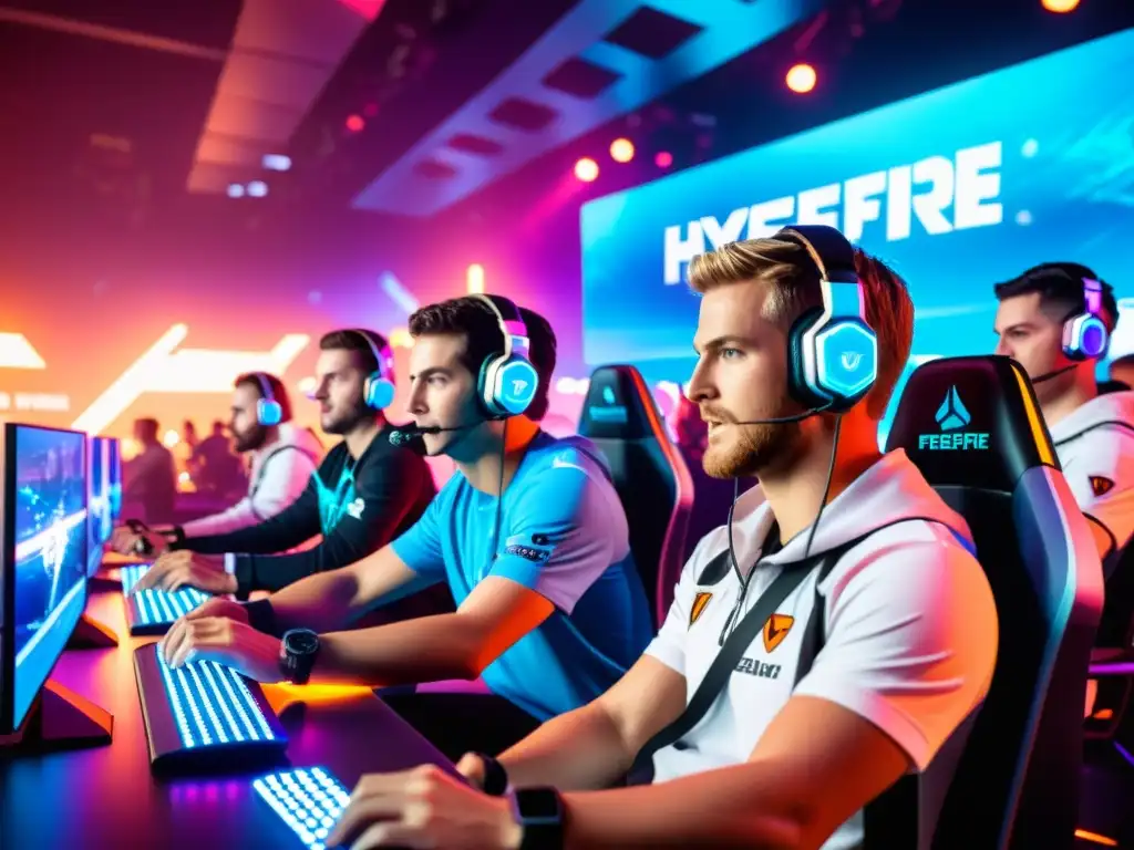 Competencia profesional de Meta de FreeFire en una intensa arena llena de jugadores concentrados, fans emocionados y luces brillantes