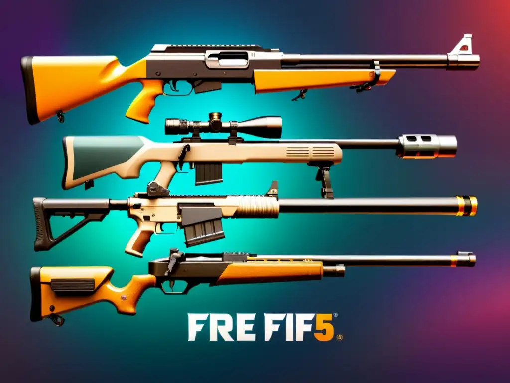 Una composición detallada de armas de Free Fire sobre un fondo futurista, destacando sus características