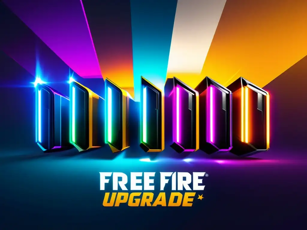 Una composición futurista muestra packs de mejora Free Fire en un arreglo ordenado