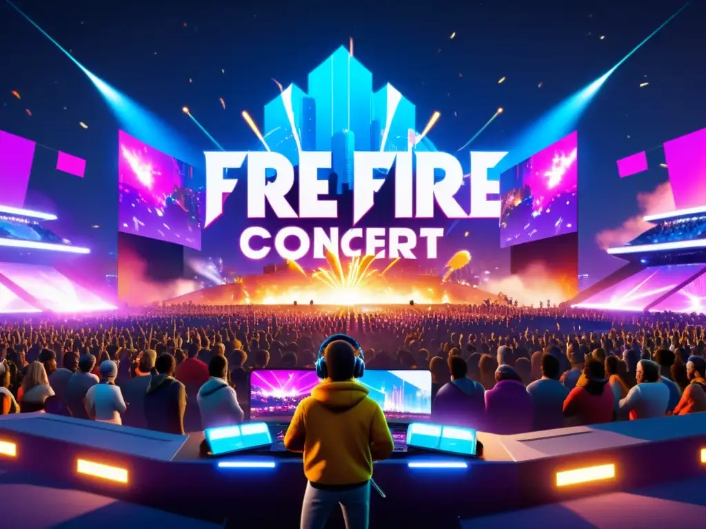 Concierto virtual impacto colaboraciones comunidad Free Fire: músicos, avatares, escenografía futurista, espectáculo de luz y sonido