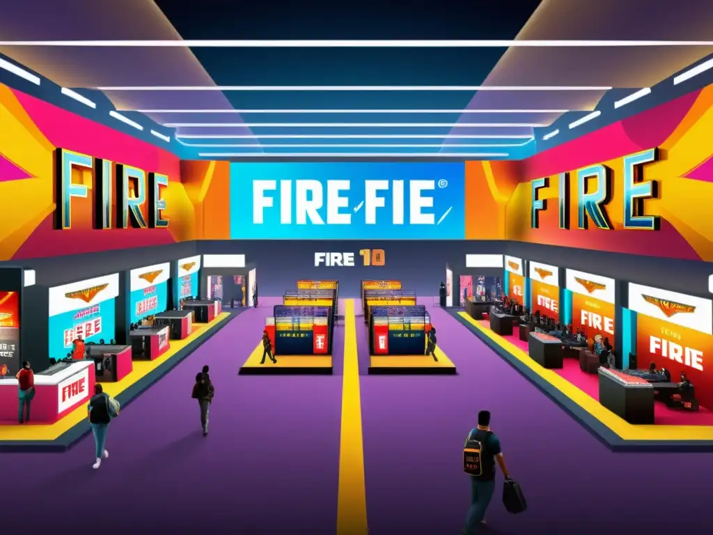 Concurrido centro de convenciones con puestos de merchandising Free Fire