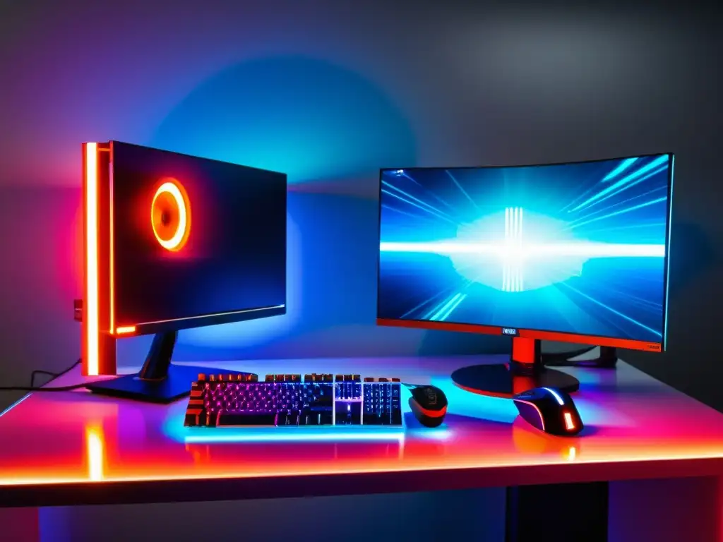 Una configuración de PC gaming moderna con tarjeta gráfica potente y luces LED vibrantes, ideal para los mejores gráficos para jugar FreeFire