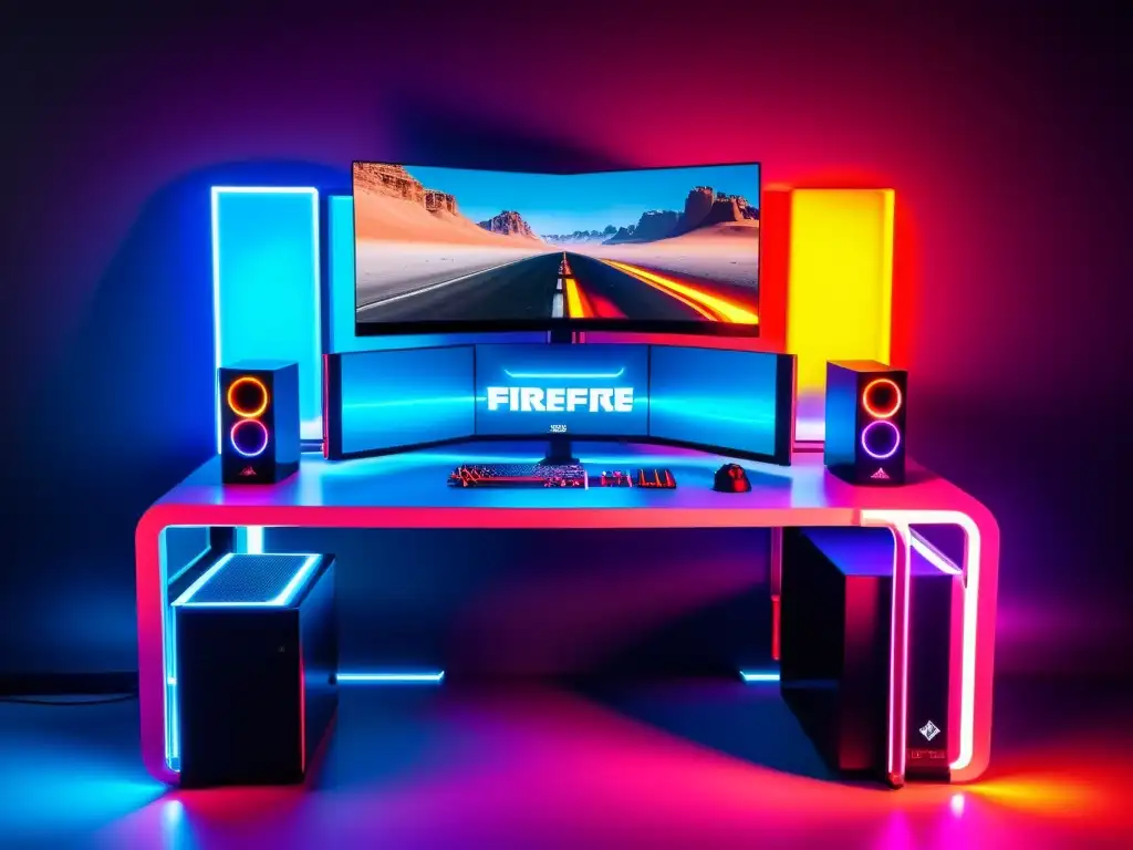 Una configuración de juego de alto rendimiento con PC personalizado y múltiples monitores mostrando intensa partida de FreeFire