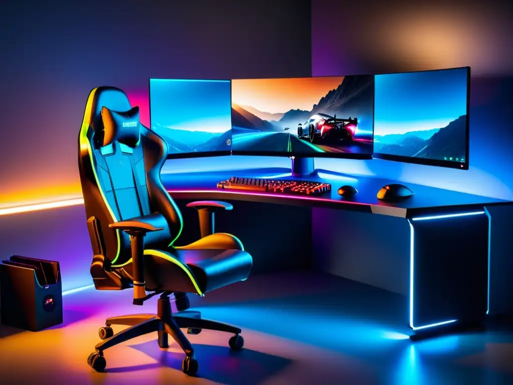 Una configuración de juego futurista con PC de alta gama, monitor curvo, silla premium y gamer profesional, en una habitación minimalista con iluminación LED ambiental