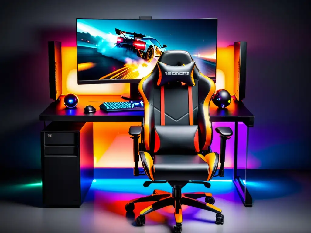 Una configuración de juego futurista con PC potente, monitor ultraancho, silla ergonómica y luces LED coloridas, ideal para jugar FreeFire