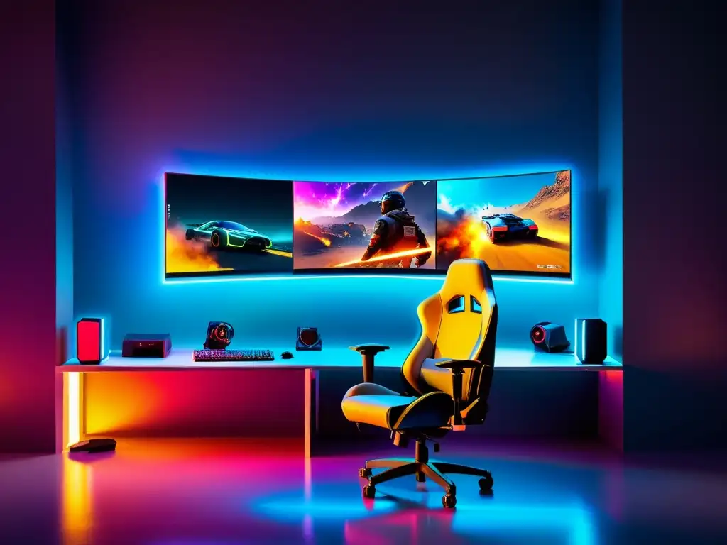 Una configuración de juego futurista de alta definición con una silla elegante, monitor curvo ultrapanorámico y una potente PC