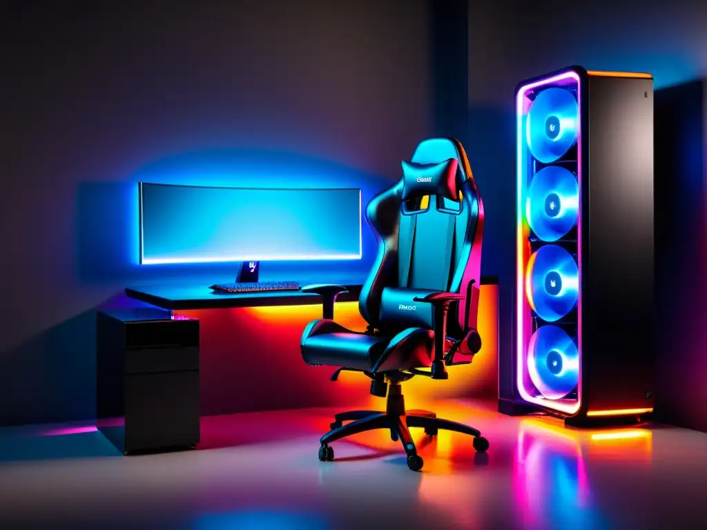 Una configuración moderna para gaming con sistema de refrigeración líquida personalizado, iluminación RGB vibrante y silla gaming potente