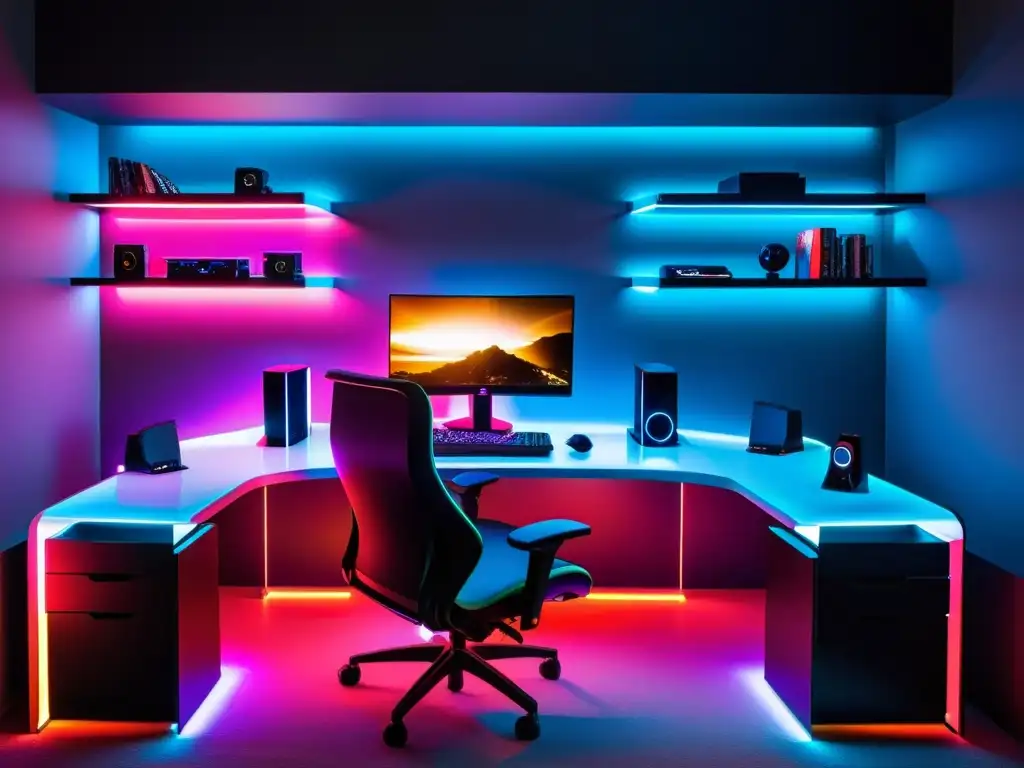 Una configuración de juegos ultramoderna con luces LED para decoración gamers, creando un ambiente futurista e inmersivo