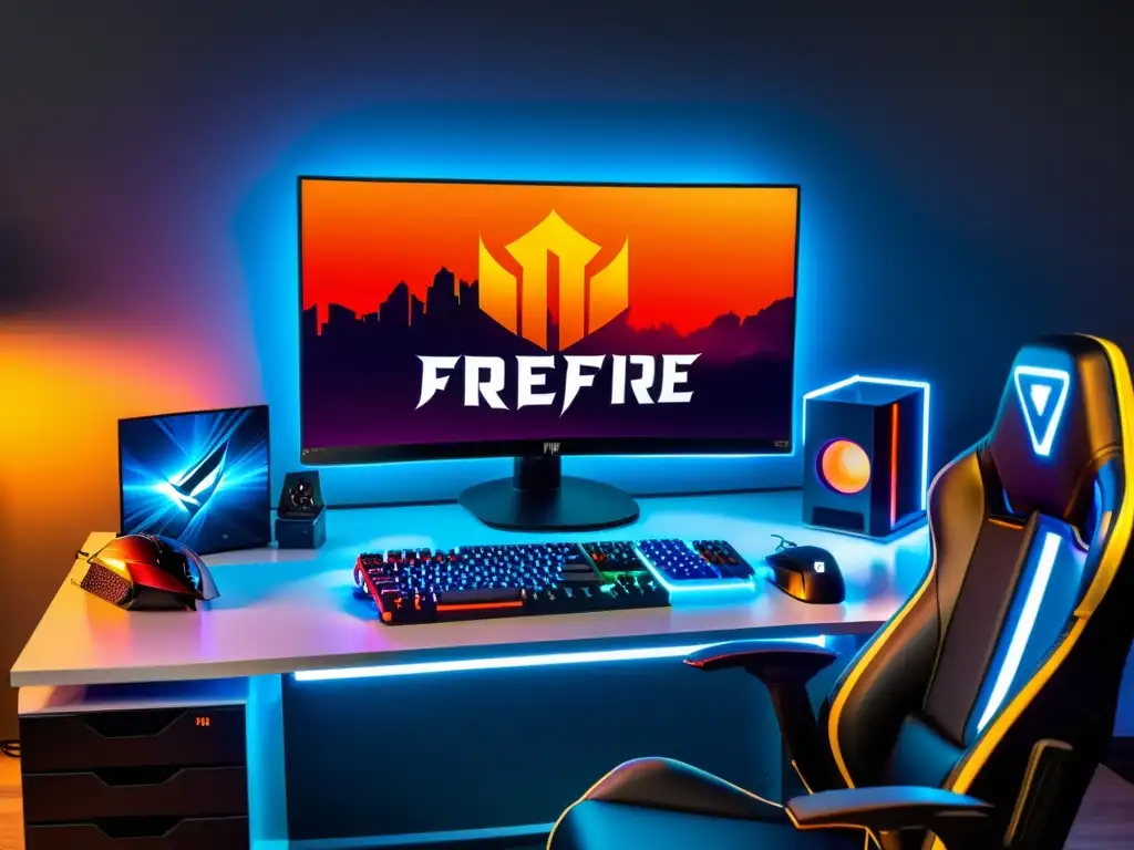 Configuraciones ideales PC FreeFire: Imagen detallada de un setup gaming futurista con iluminación LED personalizable y equipo de alta gama