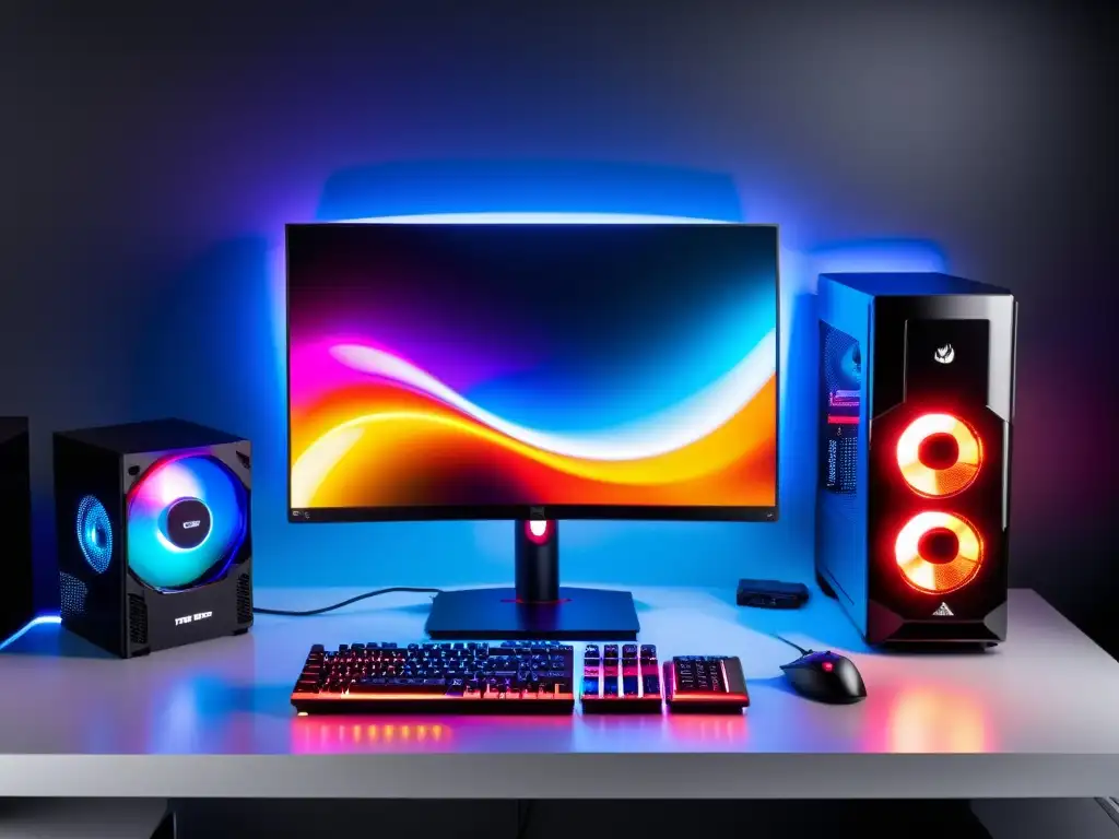 Configuraciones ideales PC FreeFire: Setup gaming profesional con PC potente, iluminación RGB vibrante y juego detallado en monitor de alta frecuencia