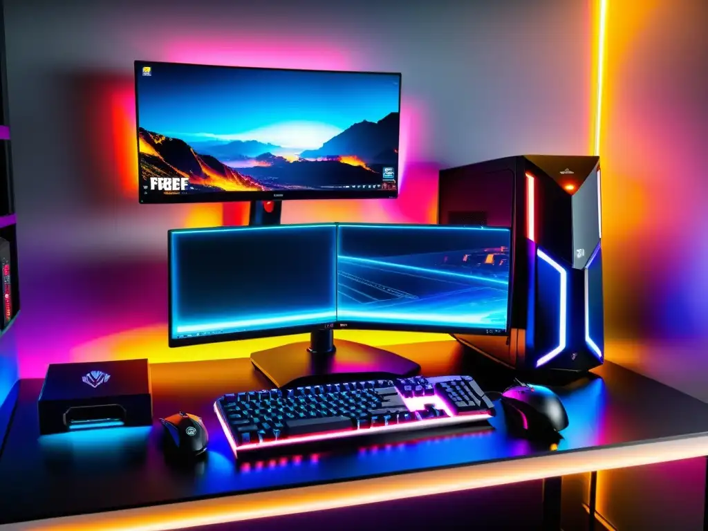 Configuraciones ideales PC FreeFire: Setup de juego con PC, monitor, teclado, mouse y silla gamer, iluminación LED y cableado impecable