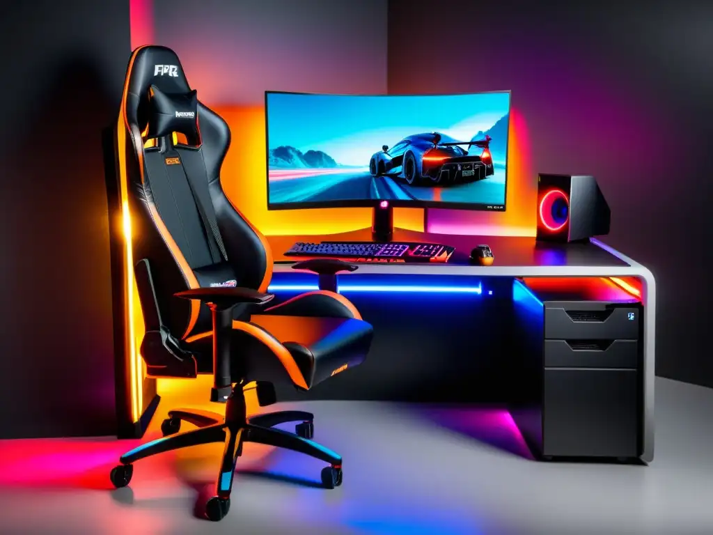 Configuraciones ideales PC FreeFire: un setup de juego futurista y profesional con PC potente, monitor ultrapanorámico curvo y silla gaming cómoda