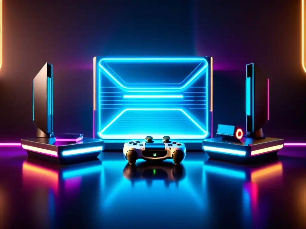 Una consola de videojuegos futurista de alta resolución rodeada de un elegante y minimalista setup gaming