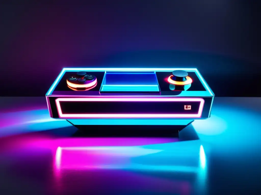 Consola de videojuegos futurista con diseño minimalista y luces LED pulsantes