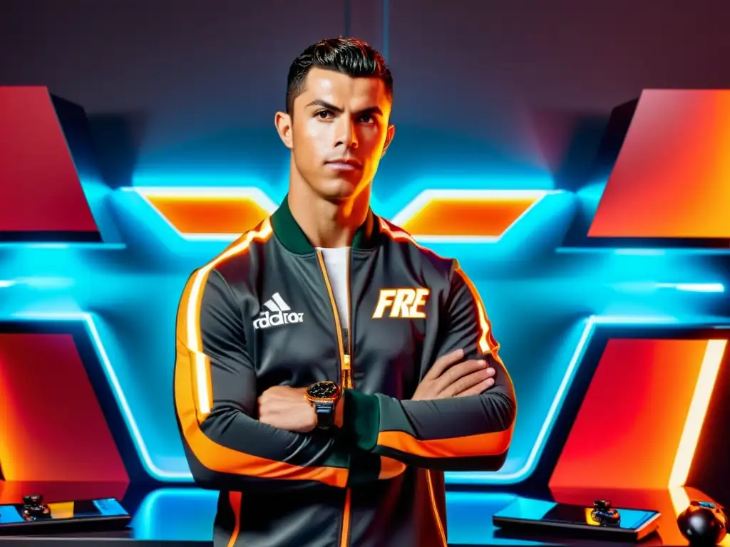 Cristiano Ronaldo en colaboración épica con la marca Free Fire, destacando en un entorno futurista y tecnológico