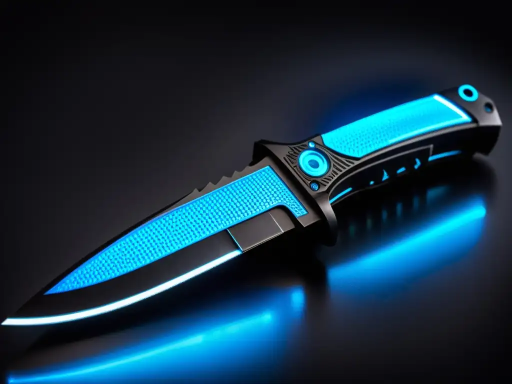 Un cuchillo de combate futurista con hoja de titanio negro grabada con runas azules, luces LED pulsantes y un ambiente oscuro y ahumado