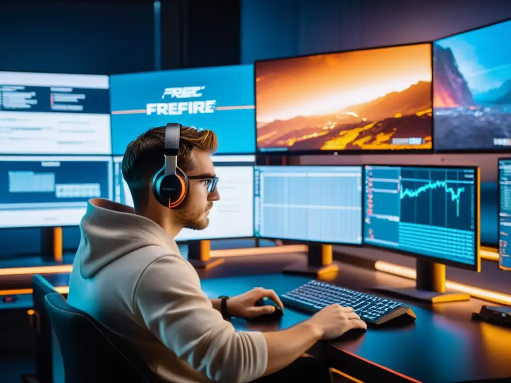 Un desarrollador de FreeFire inmerso en el análisis técnico actualizaciones FreeFire, rodeado de tecnología de vanguardia y líneas de código