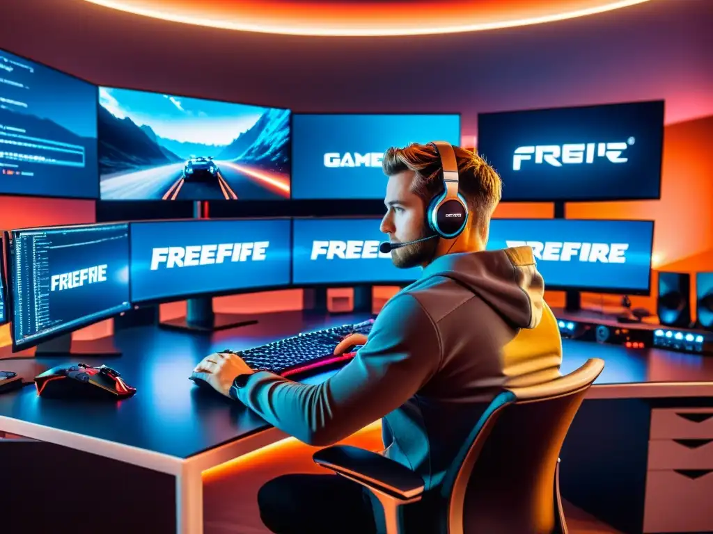 Un desarrollador de juegos profesional crea mods legales para FreeFire en un entorno futurista y apasionante, rodeado de tecnología de vanguardia