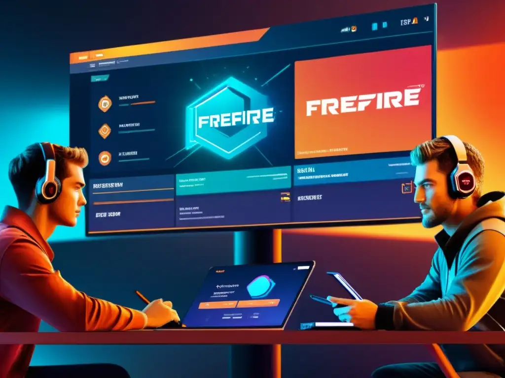 Desarrolladores de FreeFire creando estrategias efectivas en un entorno futurista de código y gráficos vibrantes