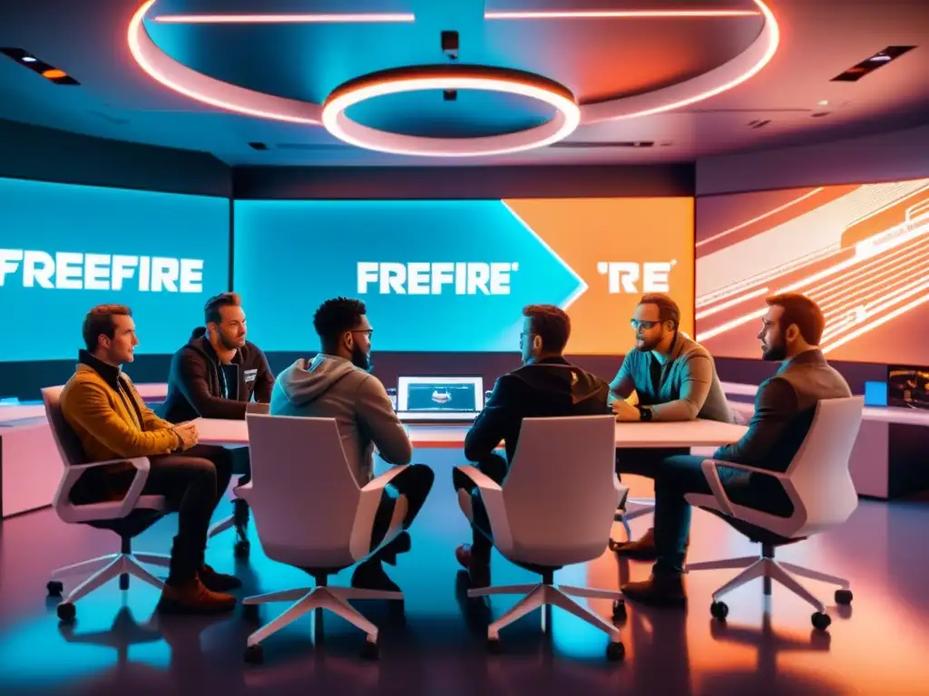 Desarrolladores de FreeFire colaboran en estrategias efectivas en un futurista y dinámico ambiente de oficina