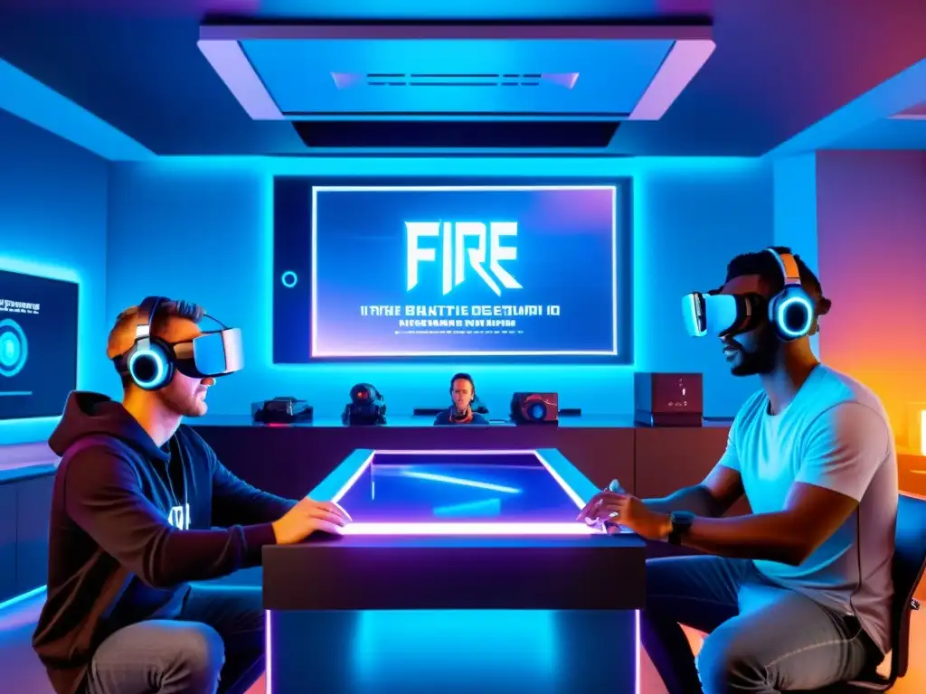 Desarrolladores inmersos en brainstorming de actualizaciones Free Fire en futurista estudio de juego