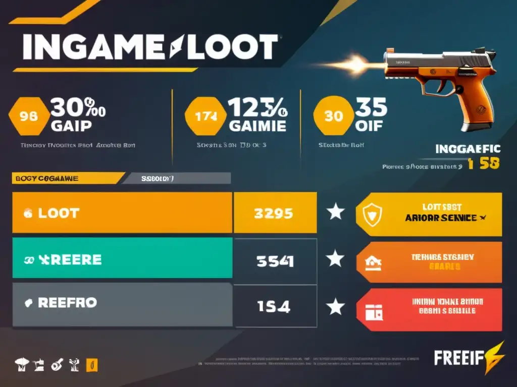 Infografía detallada de botín en FreeFire con armas, armaduras y potenciadores