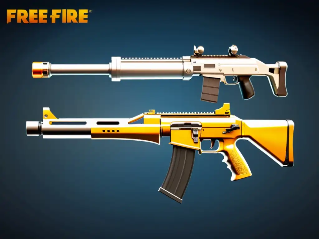 Comparación detallada de la evolución de armas en Free Fire, mostrando la transformación de básica a futurista