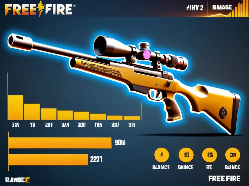 Detallada ilustración de los cambios en el balance de armas Free Fire, con gráficos precisos que muestran estadísticas y ajustes de rendimiento