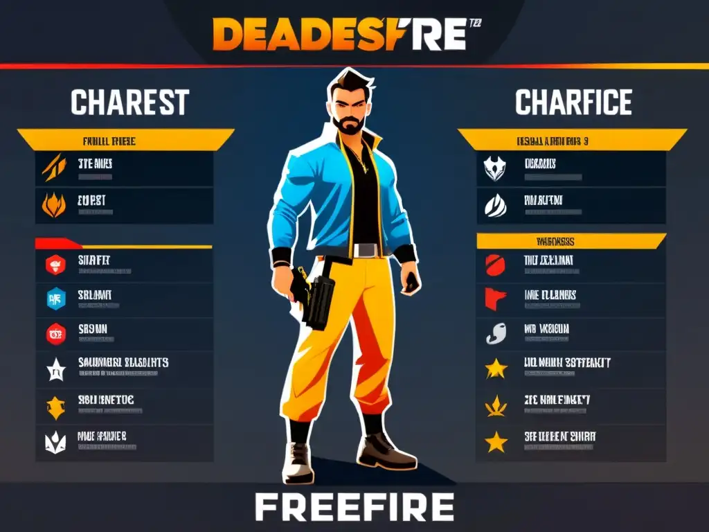 Infografía detallada de las combinaciones letales de personajes y habilidades en FreeFire, con ilustraciones modernas y estadísticas detalladas para apasionar a los jugadores competitivos y estrategas