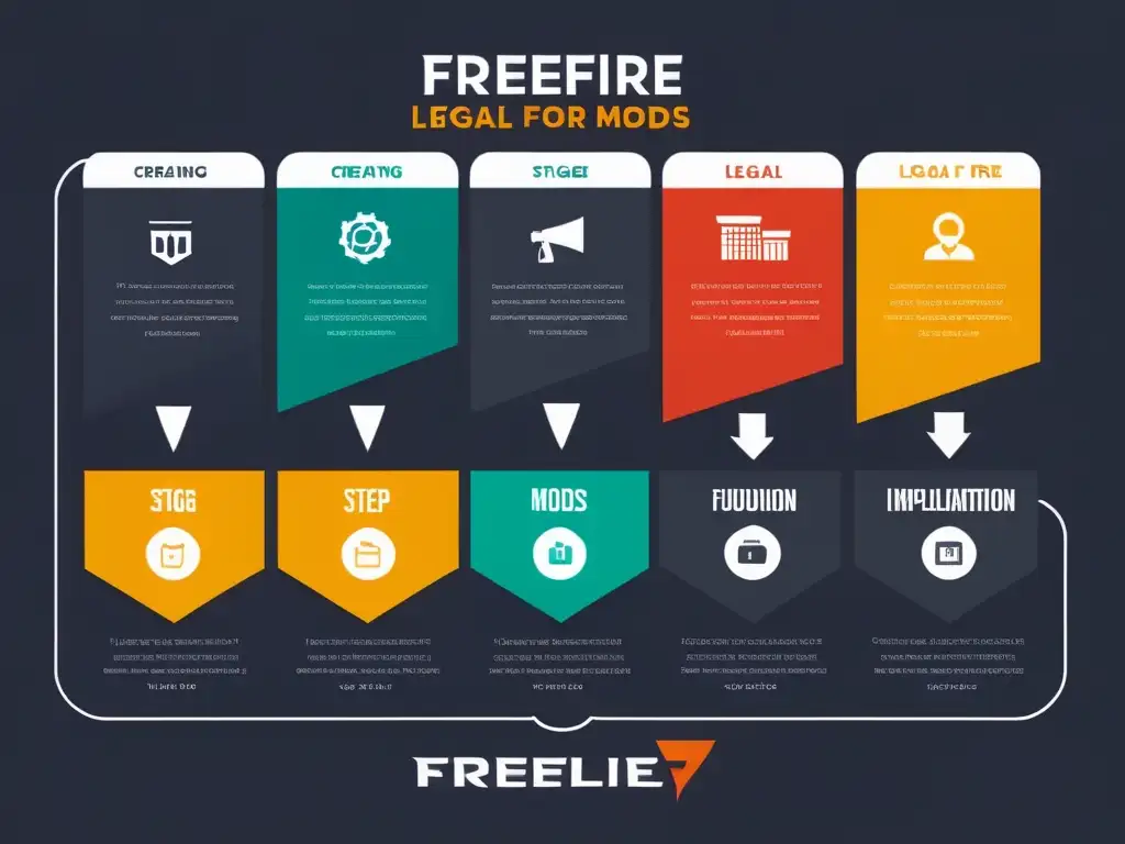 Infografía detallada sobre la creación de mods legales para FreeFire, con visuales vibrantes y modernos que representan cada etapa del proceso, desde el concepto hasta la implementación