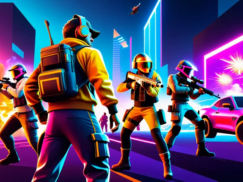 Detallada ilustración digital de jugadores de Free Fire en una batalla futurista y vibrante