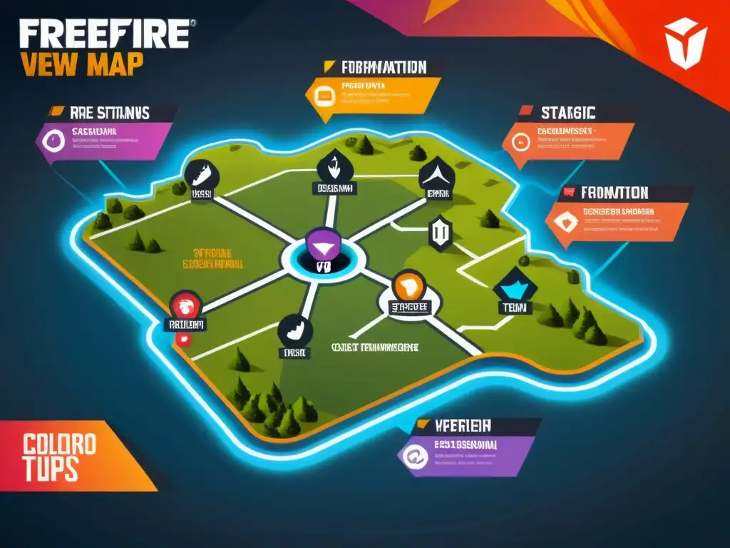 Infografía detallada con formaciones de equipo en FreeFire, mostrando estrategias y movimientos en el mapa en un diseño profesional y moderno