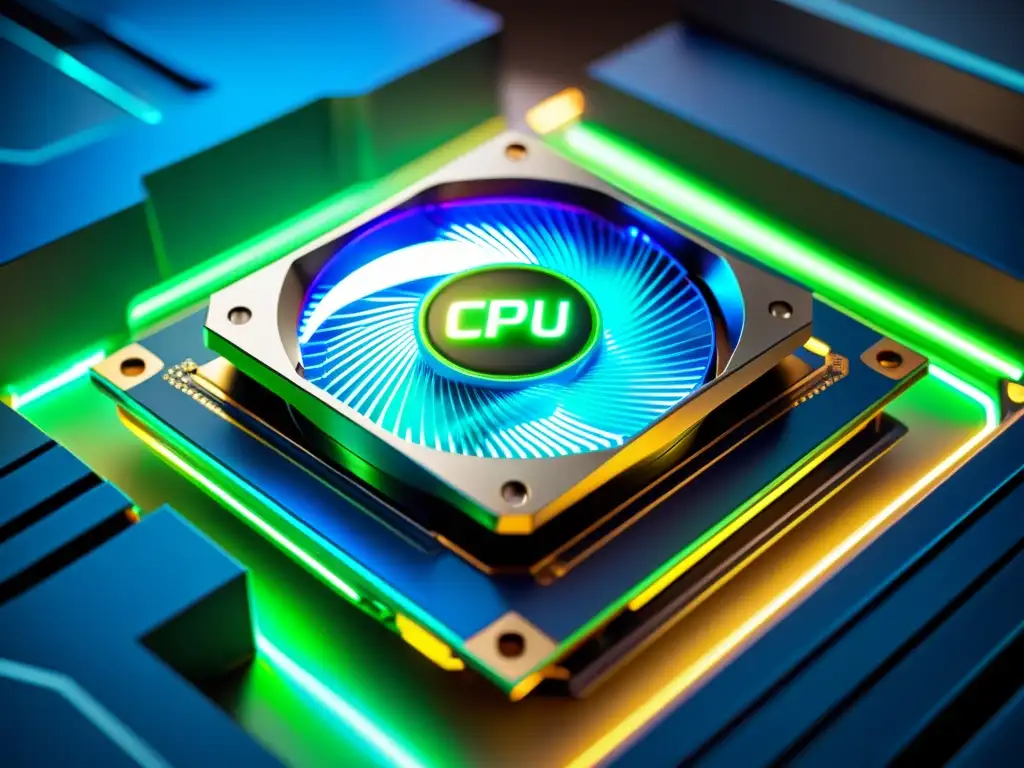 Detallada imagen de una CPU con patrones de circuito y luces futuristas