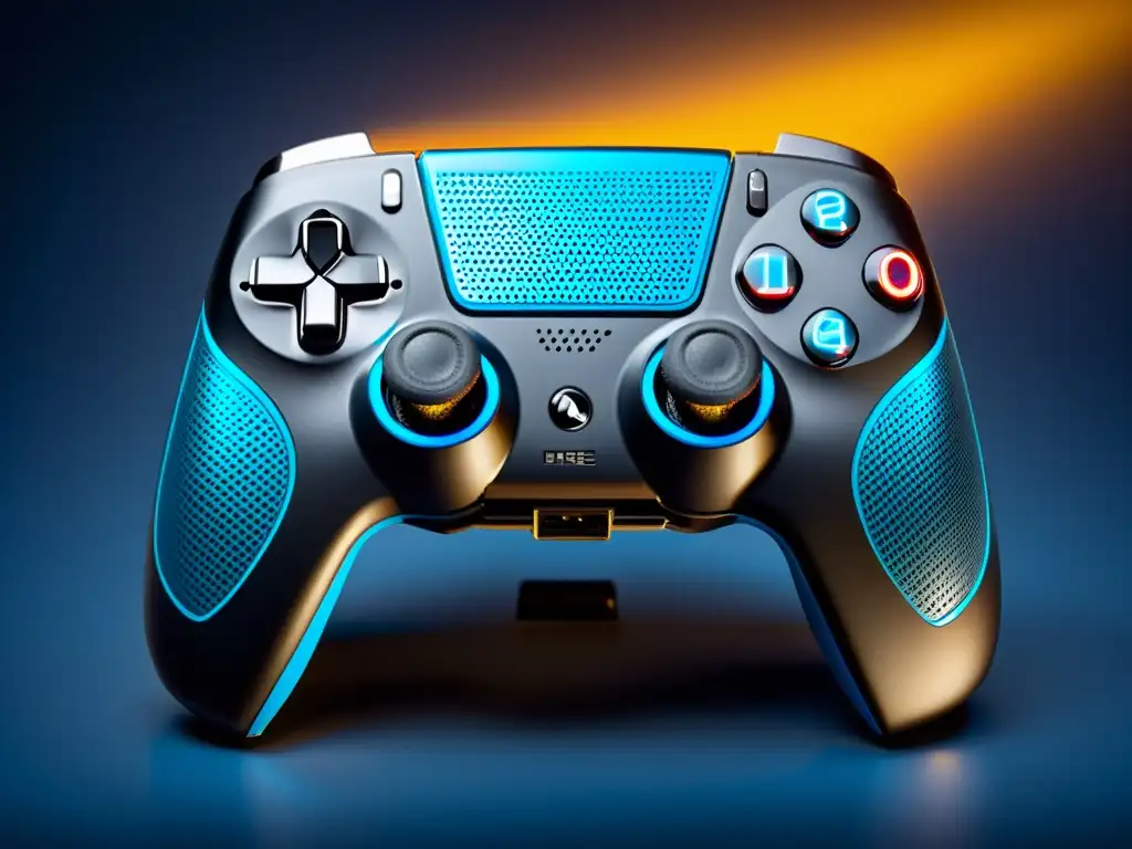 Detallada imagen del mejor gamepad para Free Fire, con diseño elegante en negro mate y sutiles acentos LED azules