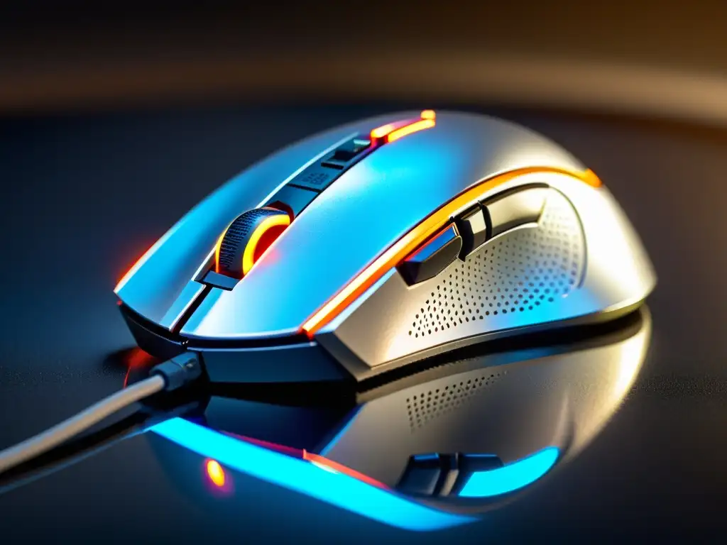 Detallada imagen de un mouse gaming con ajustes personalizables de DPI, diseño moderno y logo iluminado