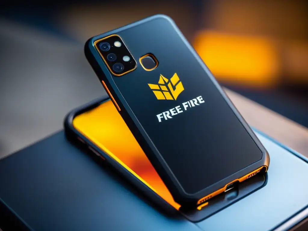 Detallada imagen de un smartphone con estuche negro mate y el logo de Free Fire, resaltando calidad y estilo