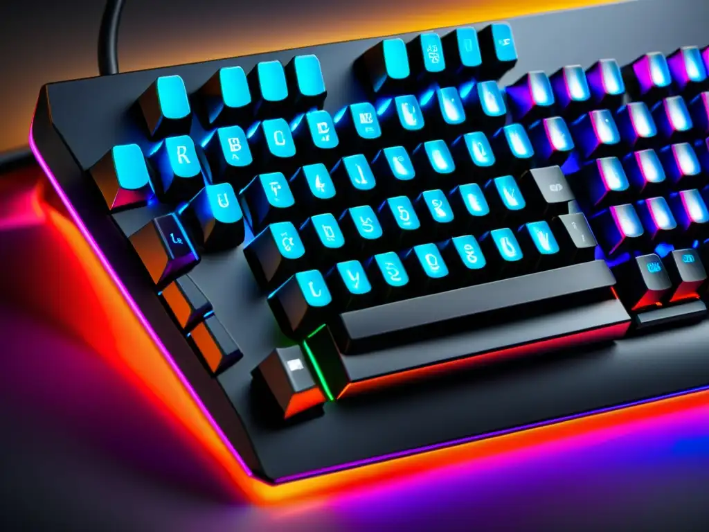 Detallada imagen de un teclado gaming futurista con iluminación RGB personalizable y teclas mecánicas, ideal para Free Fire