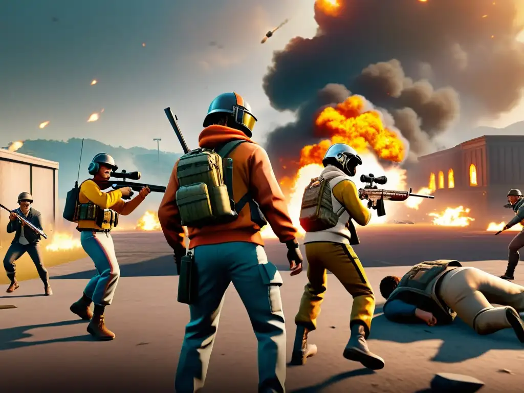 Ilustración detallada de Free Fire: jugadores reaccionan en crisis, con tácticas y trabajo en equipo