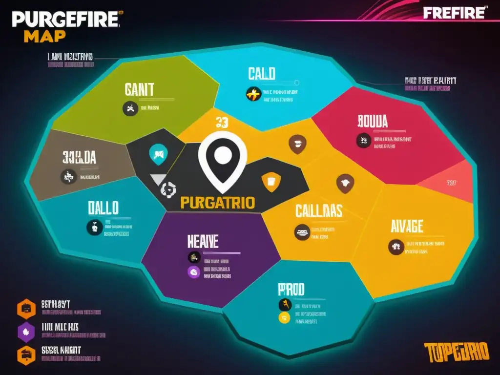 Infografía detallada del mapa Purgatorio en FreeFire, con ubicaciones estratégicas y consejos para dominar el juego