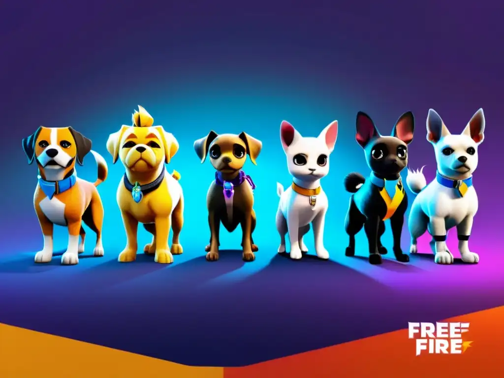 Comparación detallada de mascotas en Free Fire, mostrando diseños únicos y colores vibrantes en un escenario futurista