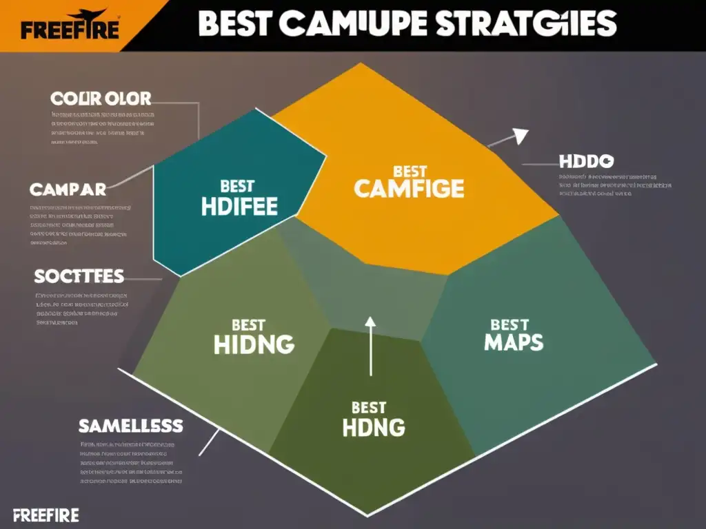 Infografía detallada de las mejores estrategias de camuflaje en FreeFire, con ejemplos visuales de escondites efectivos y paletas de colores para diferentes entornos