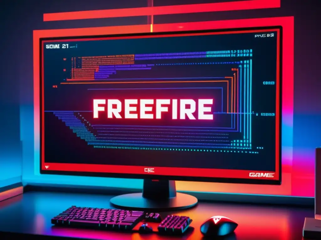 Detallada pantalla de código de FreeFire con errores comunes en la programación, rodeada de gráficos digitales futuristas y hardware moderno